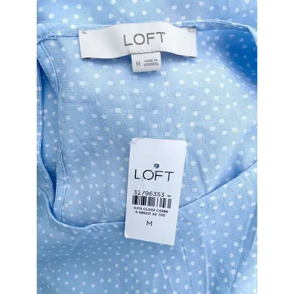 LOFT Dress Womens M Light Blue Polka Dot Godet Ruffle Tie Waist Minimalist - Picture 8 of 9